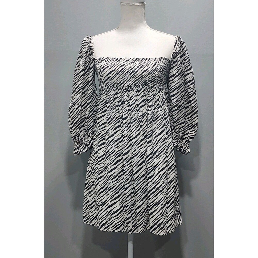 Faithfull The Brand Alina Zebra Animal Print Mini Dress Smocked Women’s Sizes 2
